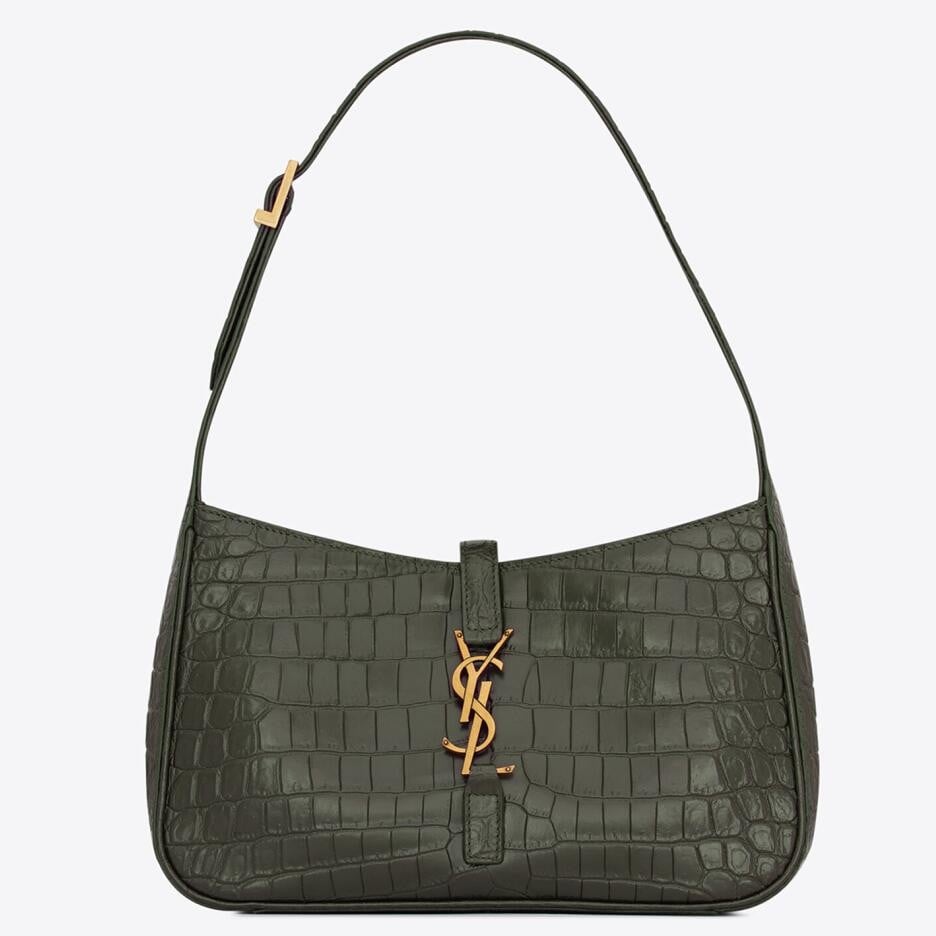 Saint Laurent Le 5 À 7 Hobo Bag in Green Crocodile Embossed Leather