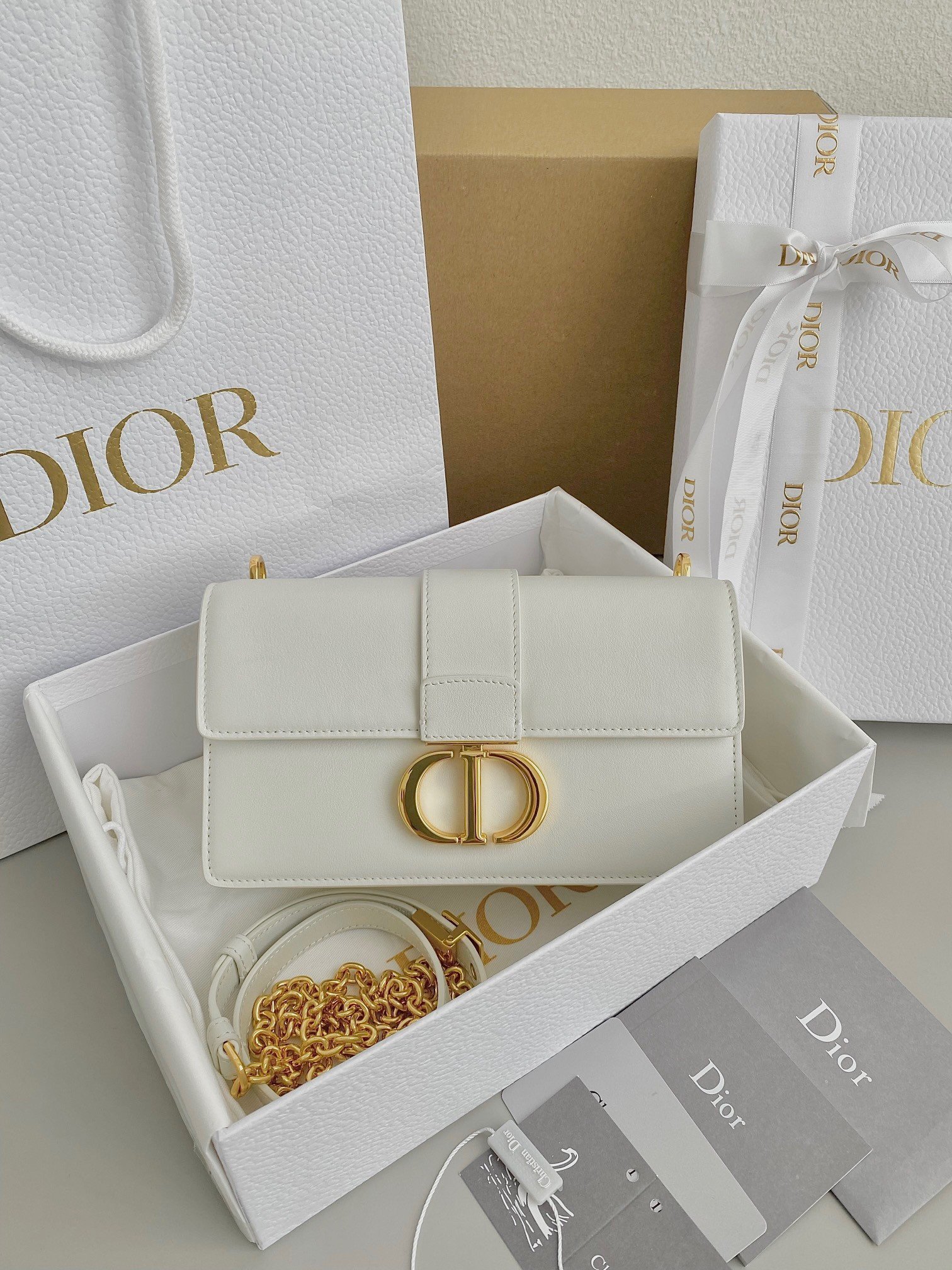 Dior 30 Montaigne East-West Bag with Chain in White Calfskin