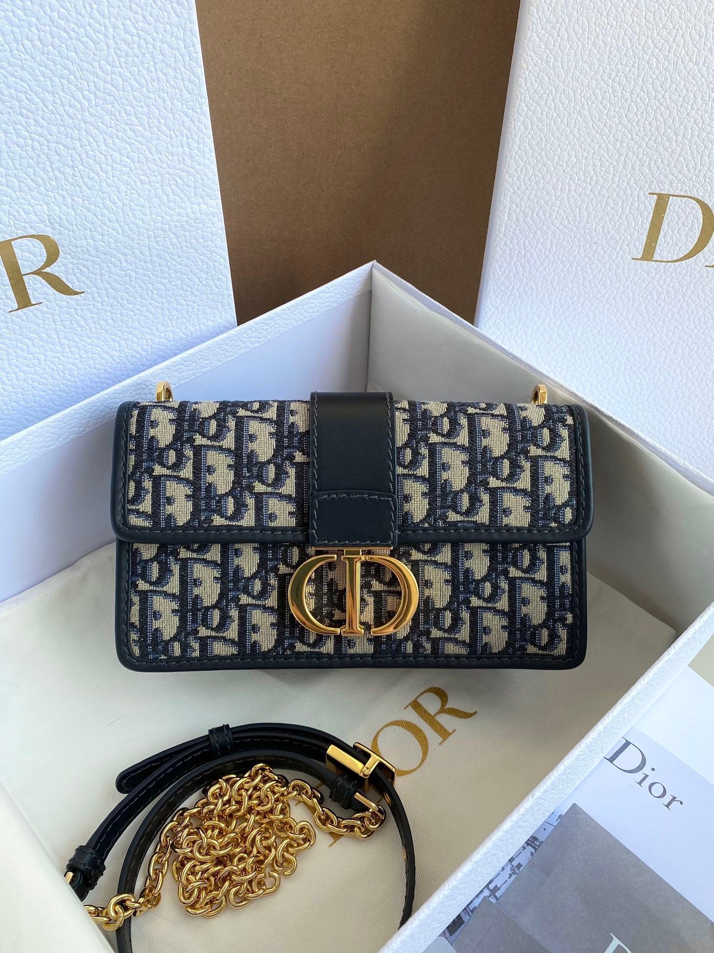 Dior 30 Montaigne East-West Bag with Chain in Blue Oblique Jacquard