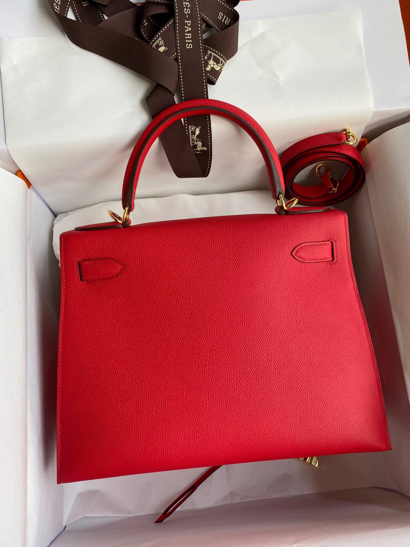 Hermes Kelly Sellier 28 Handmade Bag In Red Epsom Calfskin