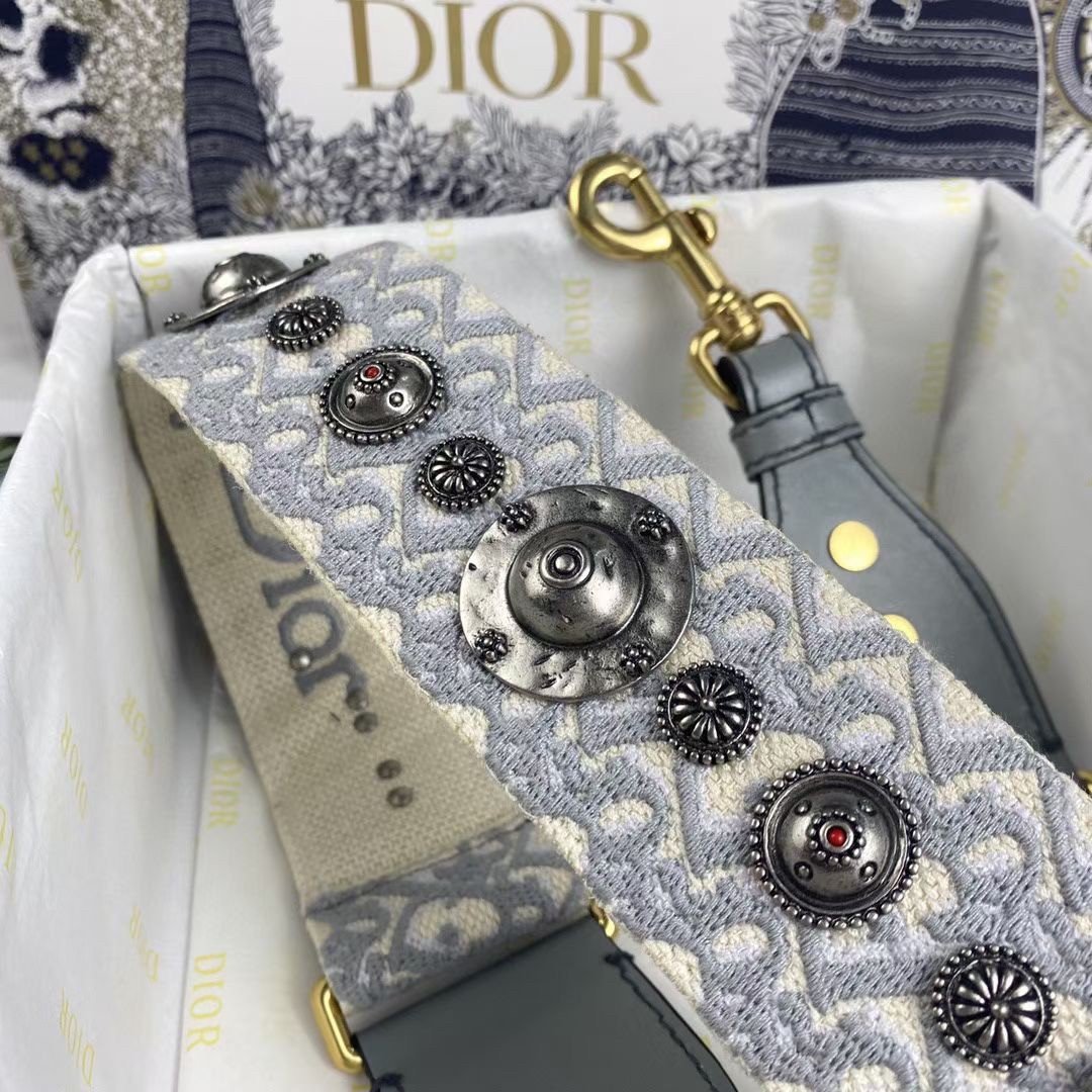 Dior Shoulder Strap in Grey Oblique Embroidery with Medallions