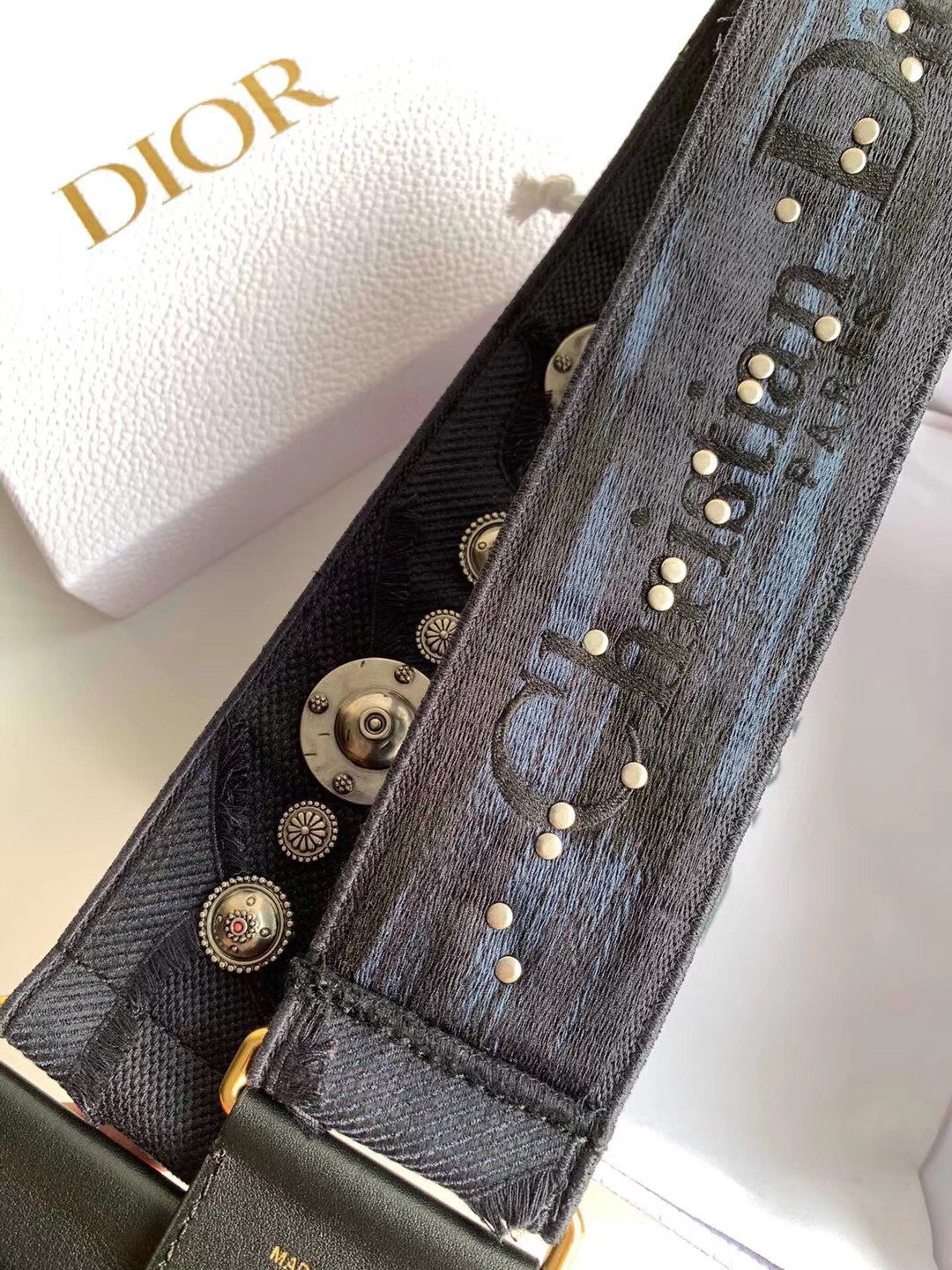 Dior Shoulder Strap in Blue Camouflage Embroidery with Medallions