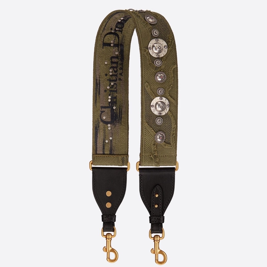 Dior Shoulder Strap in Green Camouflage Embroidery with Medallions