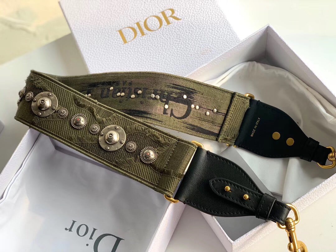 Dior Shoulder Strap in Green Camouflage Embroidery with Medallions