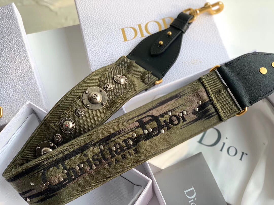 Dior Shoulder Strap in Green Camouflage Embroidery with Medallions