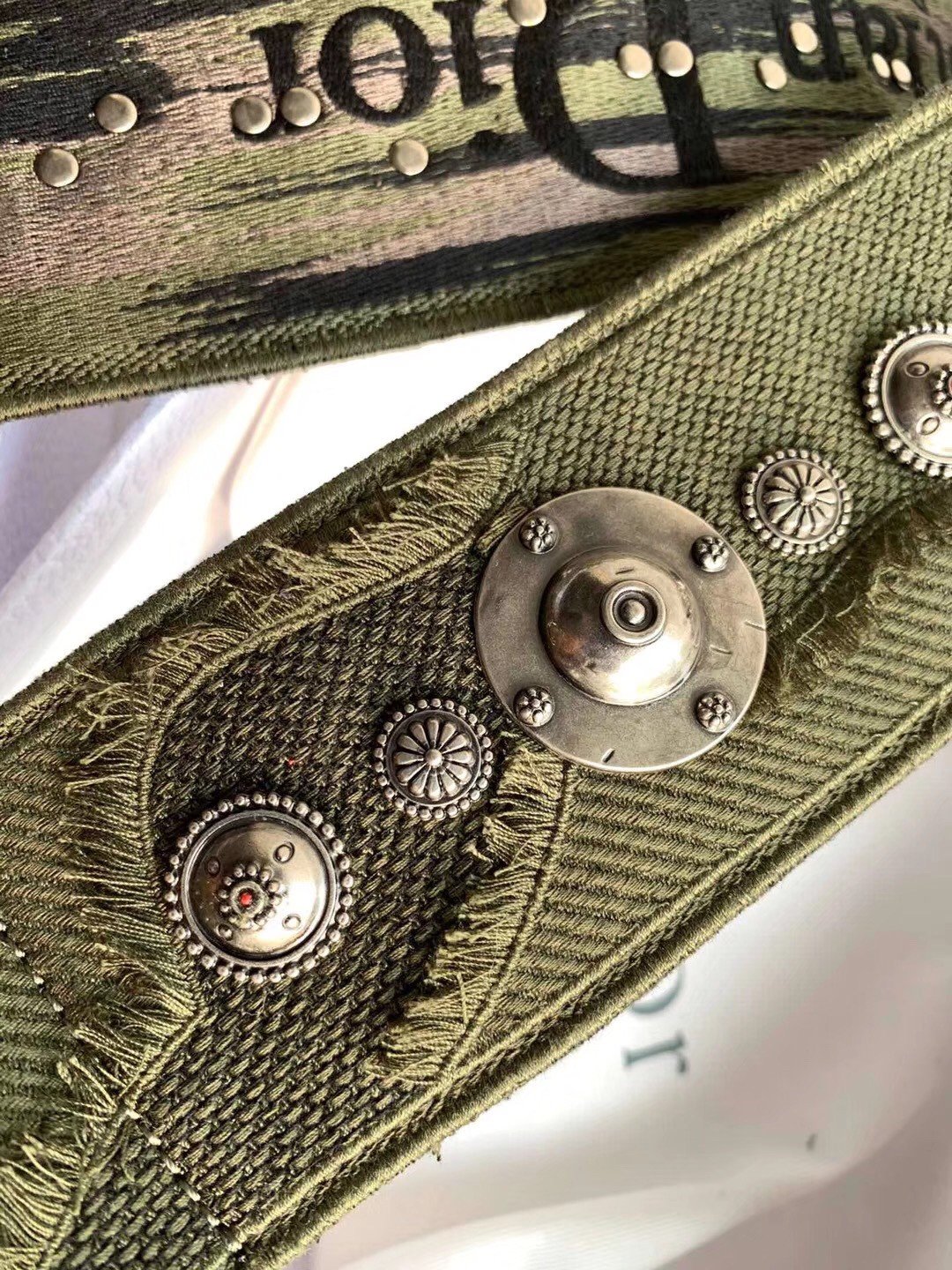 Dior Shoulder Strap in Green Camouflage Embroidery with Medallions