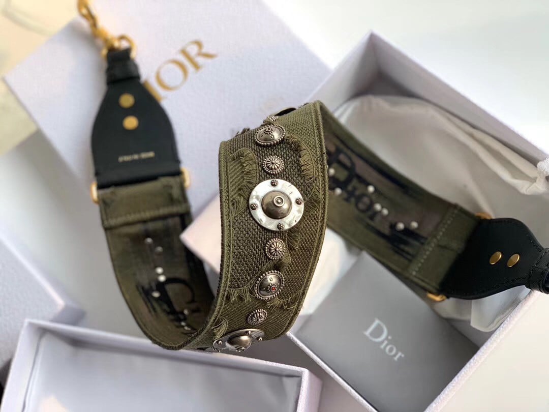 Dior Shoulder Strap in Green Camouflage Embroidery with Medallions