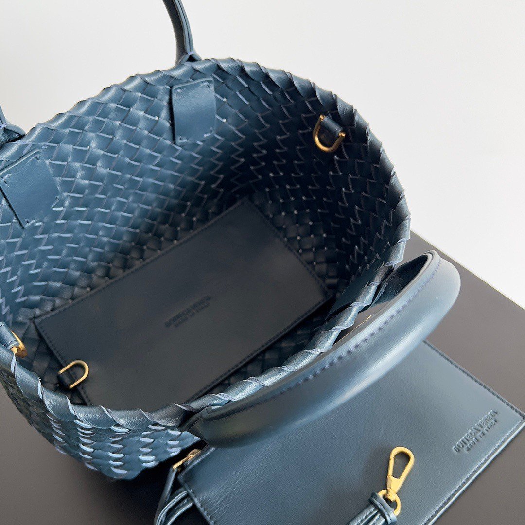 Bottega Veneta Cabat Mini Bag In Navy Blue Intrecciato Lambskin