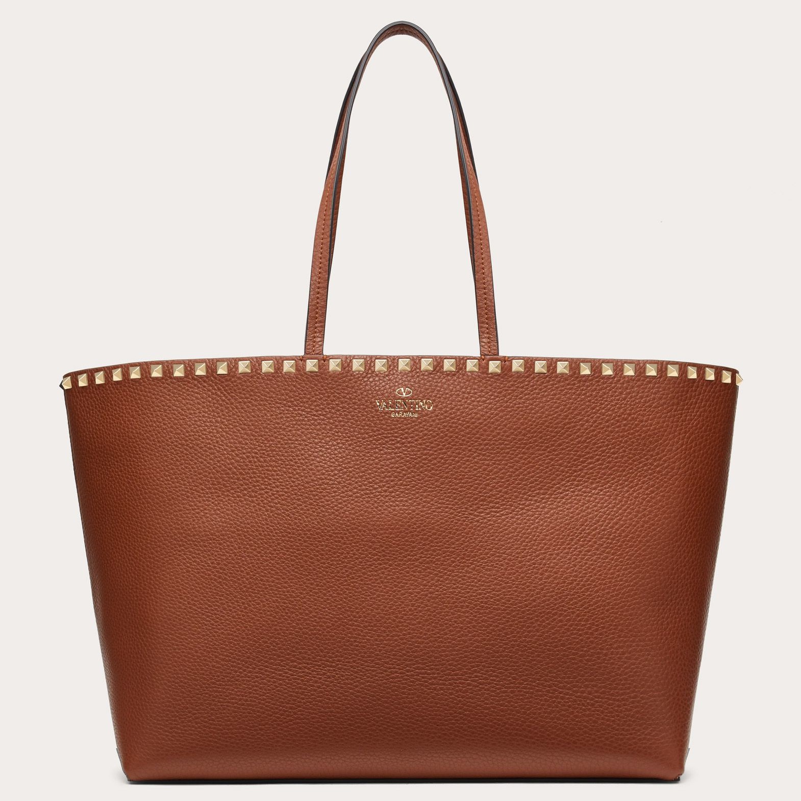 Valentino Rockstud Large Shopping Bag In Brown Leather