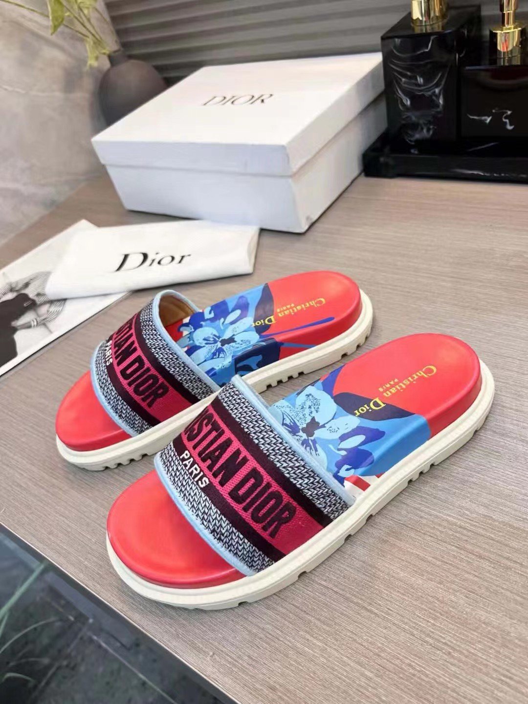 Dior Dway Slides In Red Multicolor D-Flower Pop Cotton