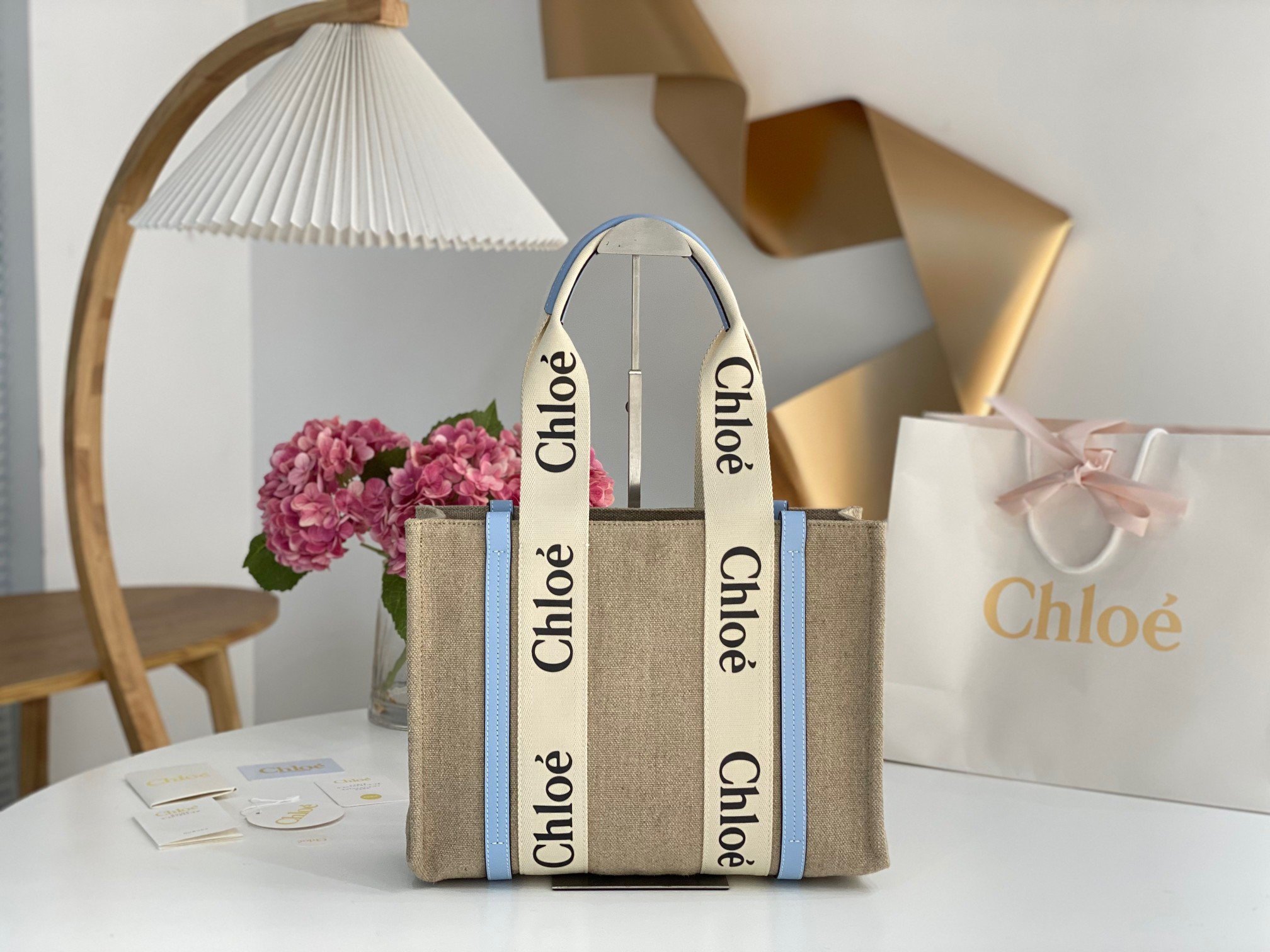 Chloe Woody Medium Tote Bag in Linen Canvas with Blue Leather