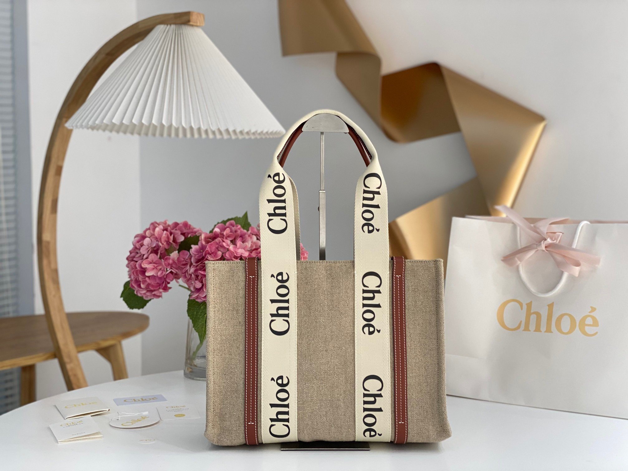 Chloe Woody Medium Tote Bag in Linen Canvas with Brown Leather