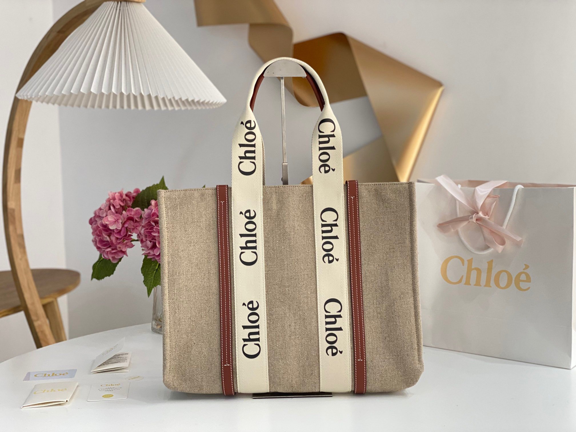 Chloe Woody Large Tote Bag in Linen Canvas with Brown Leather