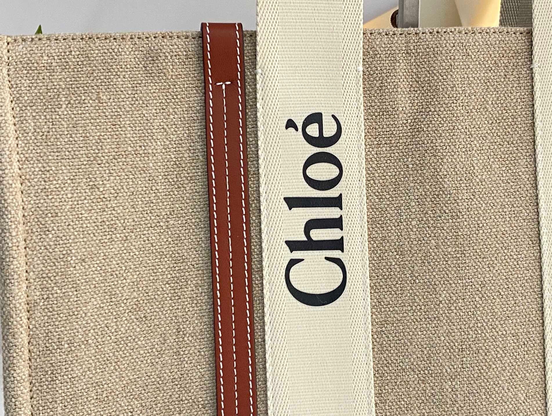 Chloe Woody Large Tote Bag in Linen Canvas with Brown Leather