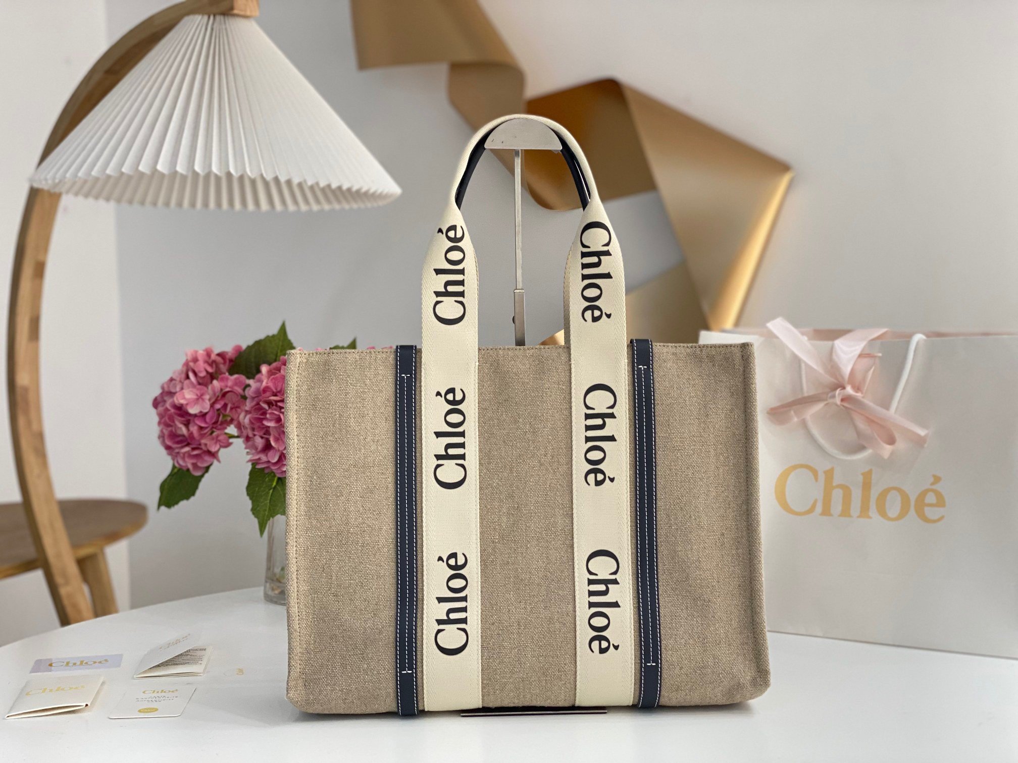 Chloe Woody Large Tote Bag in Linen Canvas with Navy Blue Leather