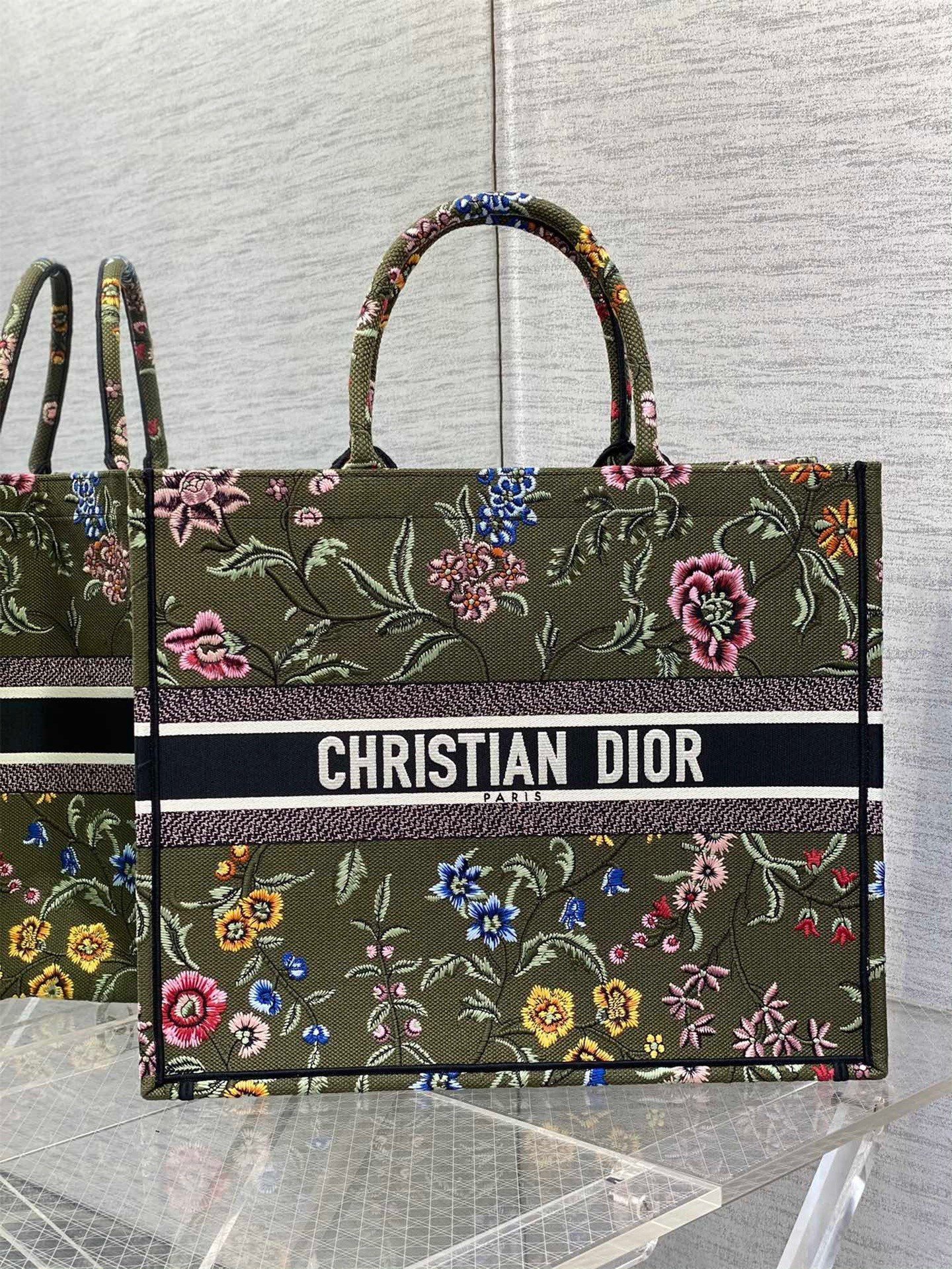 Dior Large Book Tote Bag In Green Dior Petites Fleurs Embroidery