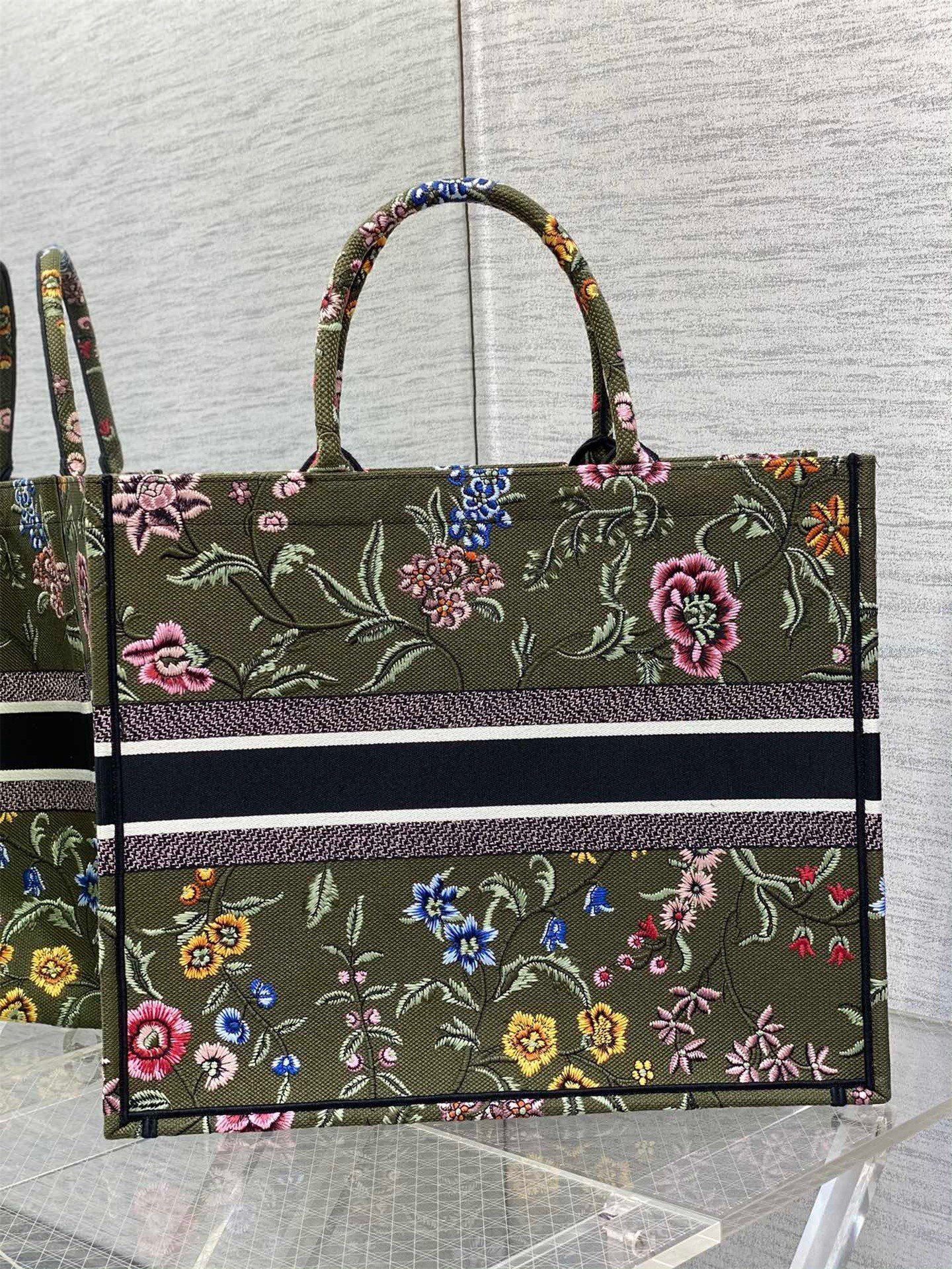 Dior Large Book Tote Bag In Green Dior Petites Fleurs Embroidery