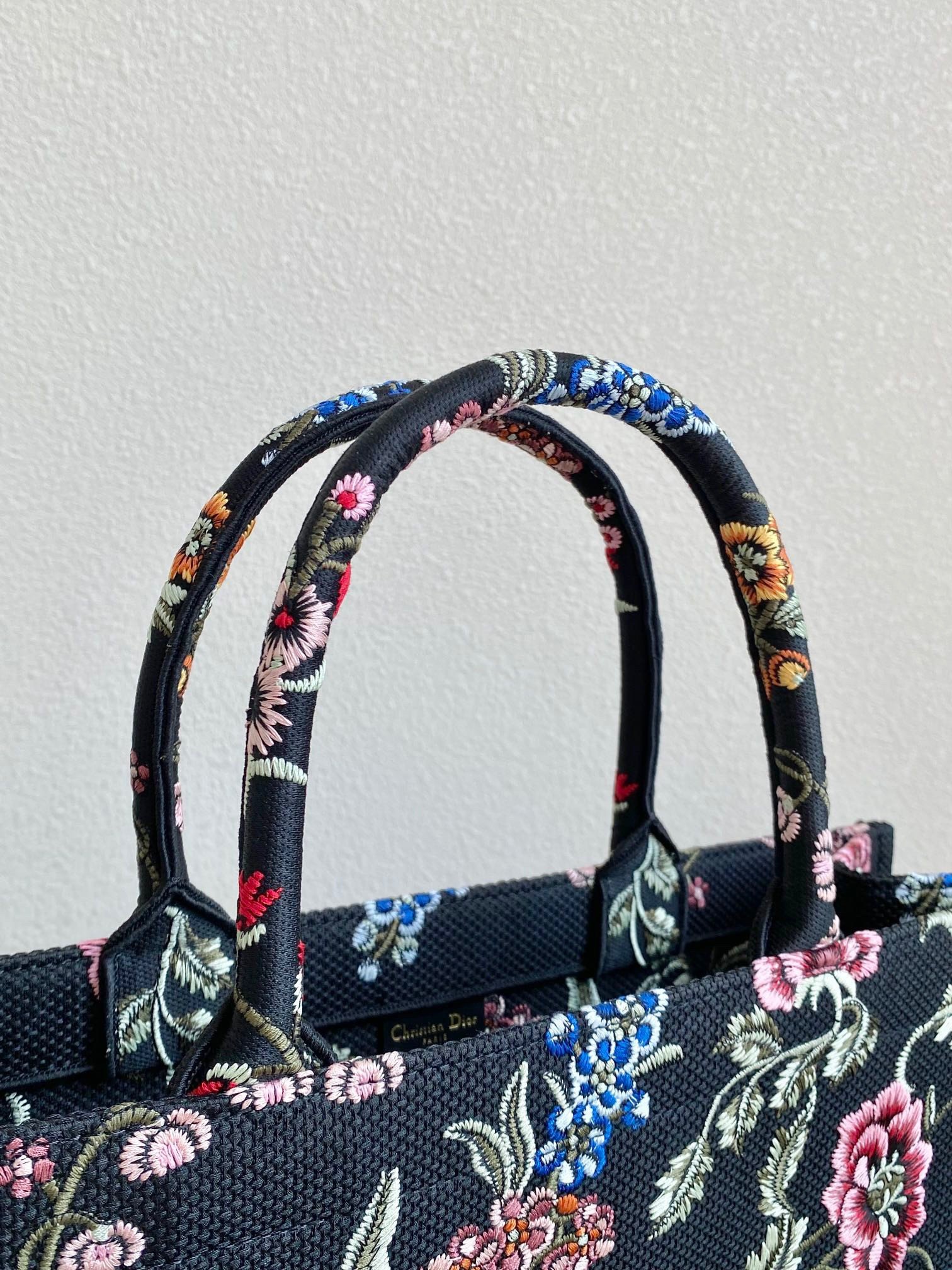 Dior Large Book Tote Bag In Black Dior Petites Fleurs Embroidery