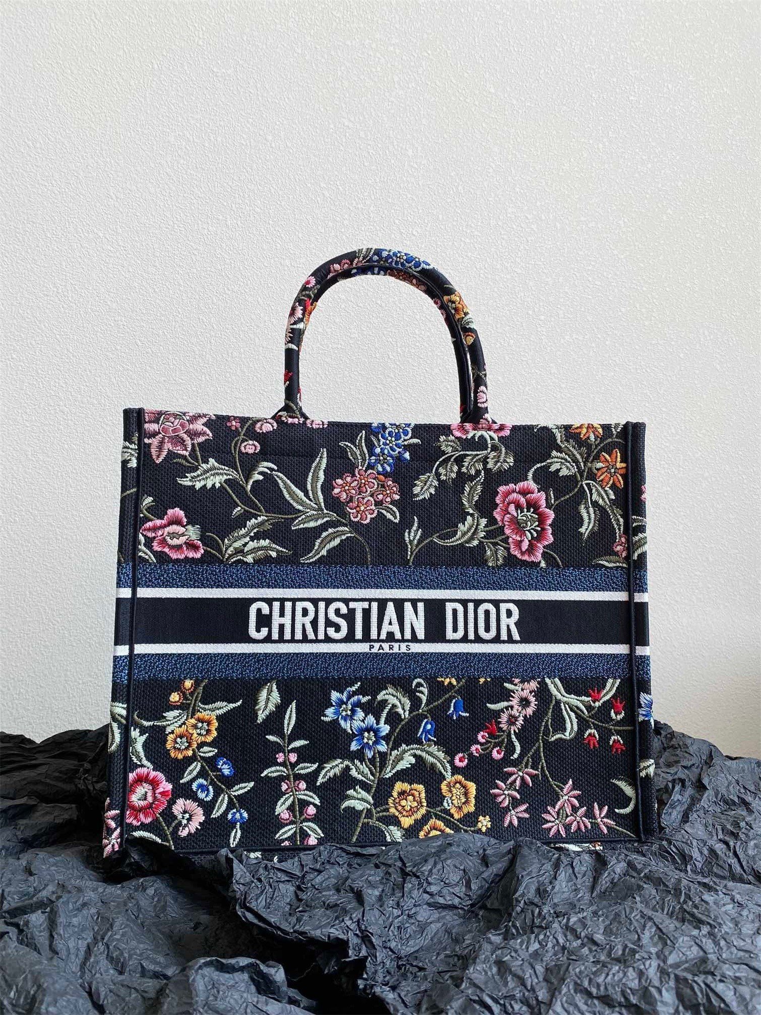 Dior Large Book Tote Bag In Black Dior Petites Fleurs Embroidery