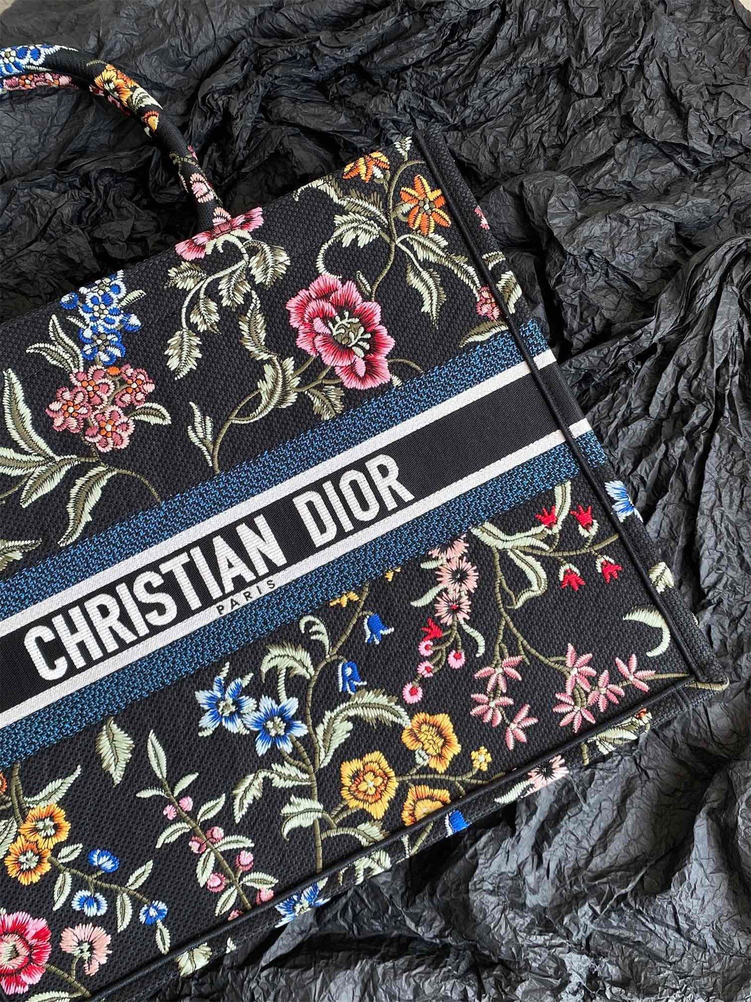 Dior Large Book Tote Bag In Black Dior Petites Fleurs Embroidery