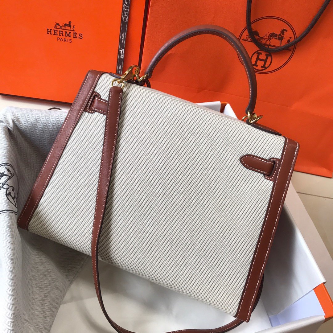 Hermes Kelly 32cm Bag In Canvas With Barenia Leather