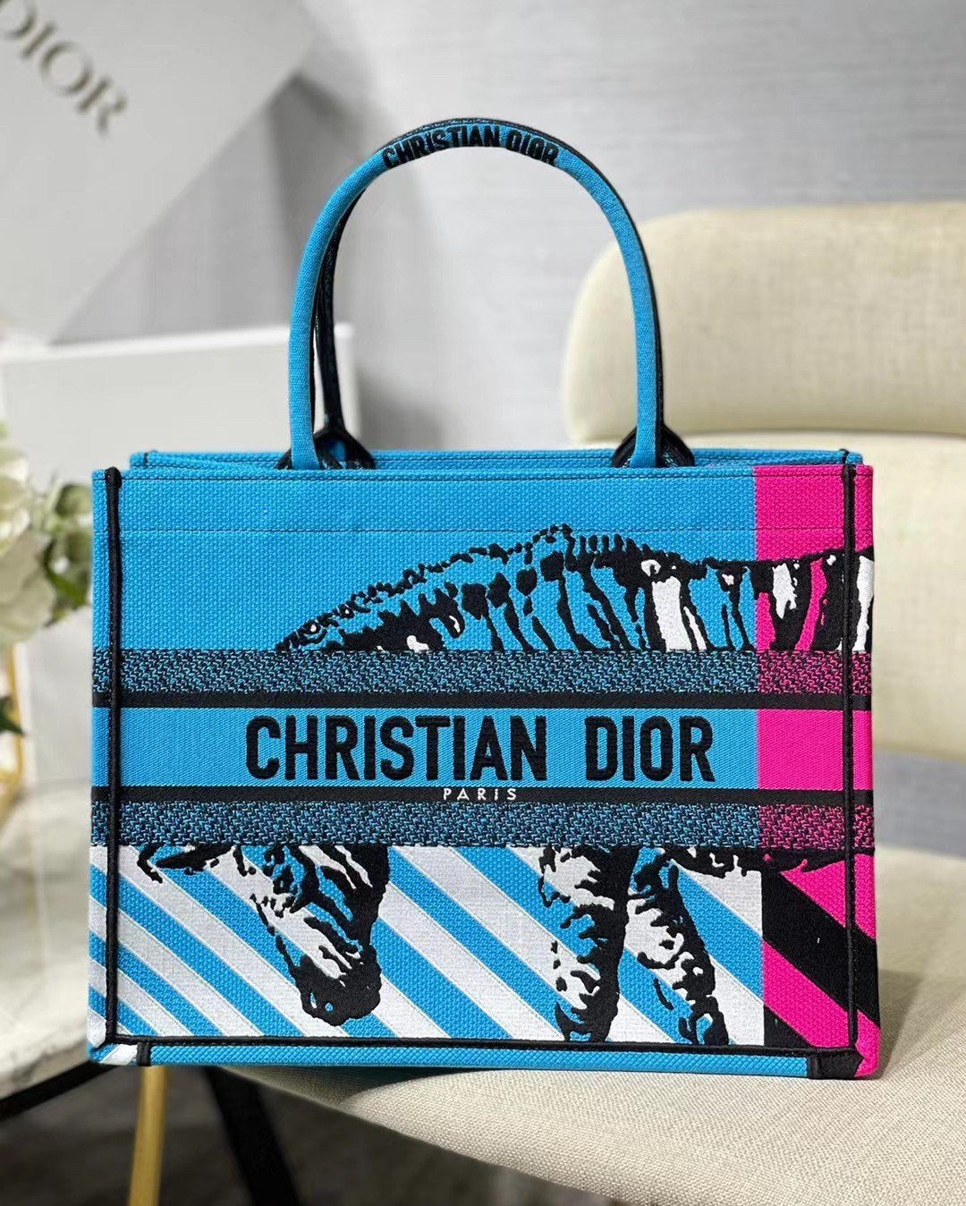 Dior Medium Book Tote Bag In Blue D-Jungle Pop Embroidery