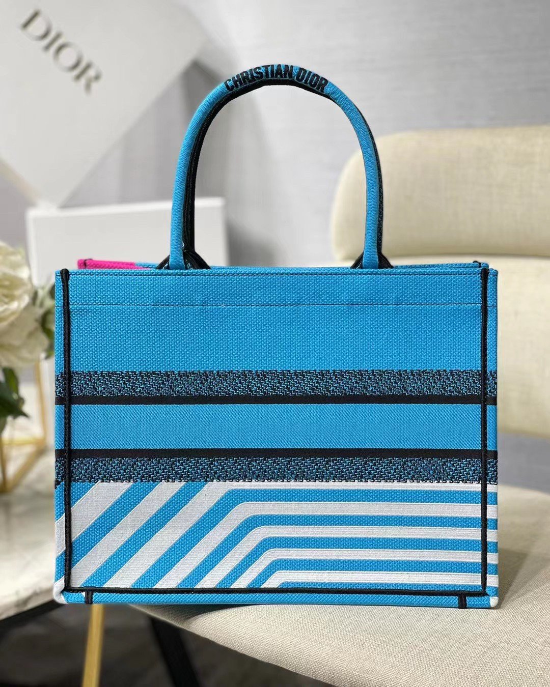 Dior Medium Book Tote Bag In Blue D-Jungle Pop Embroidery