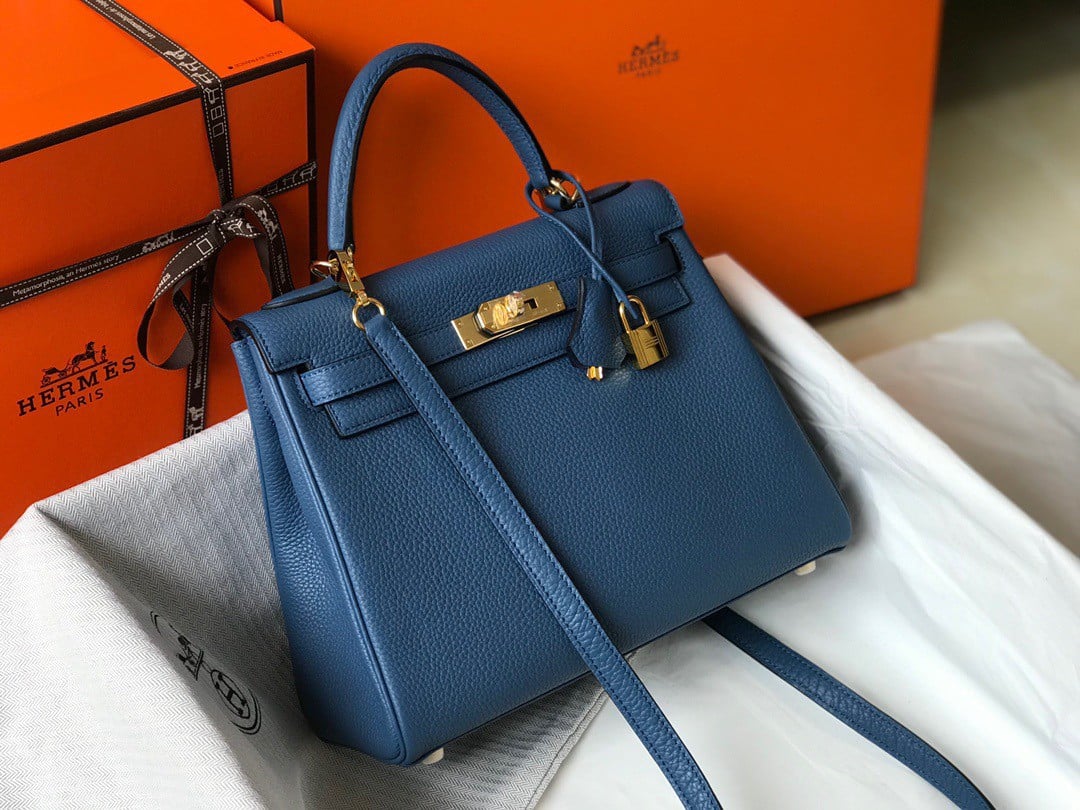 Hermes Kelly 32cm Retourne Bag in Blue Agate Clemence Leather GHW