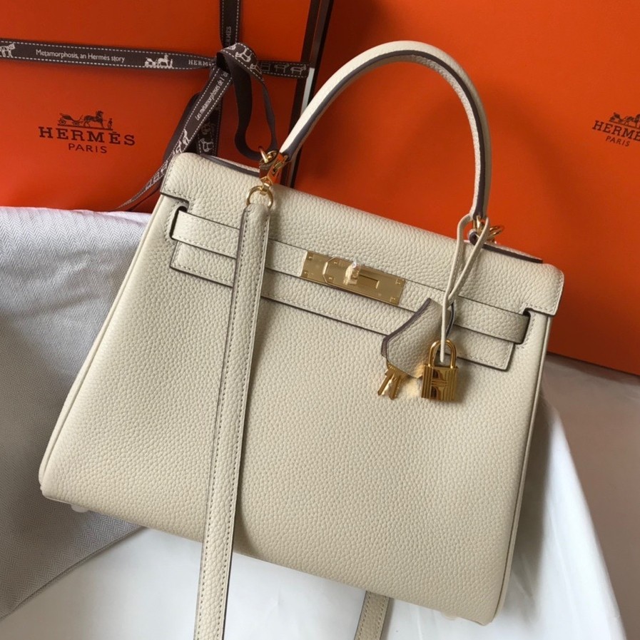 Hermes Kelly 32cm Retourne Bag in Craie Clemence Leather GHW