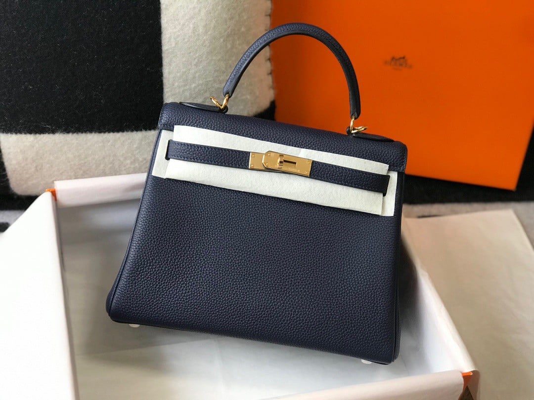 Hermes Kelly 32cm Retourne Bag in Dark Blue Clemence Leather GHW