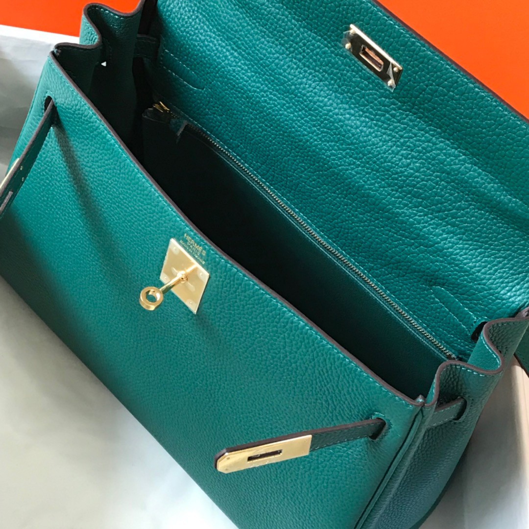 Hermes Kelly 32cm Retourne Bag in Malachite Clemence Leather GHW