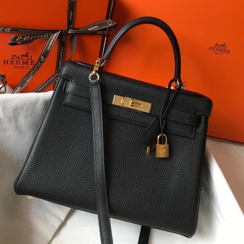 Hermes Kelly 32cm Retourne Bag in Black Clemence Leather GHW