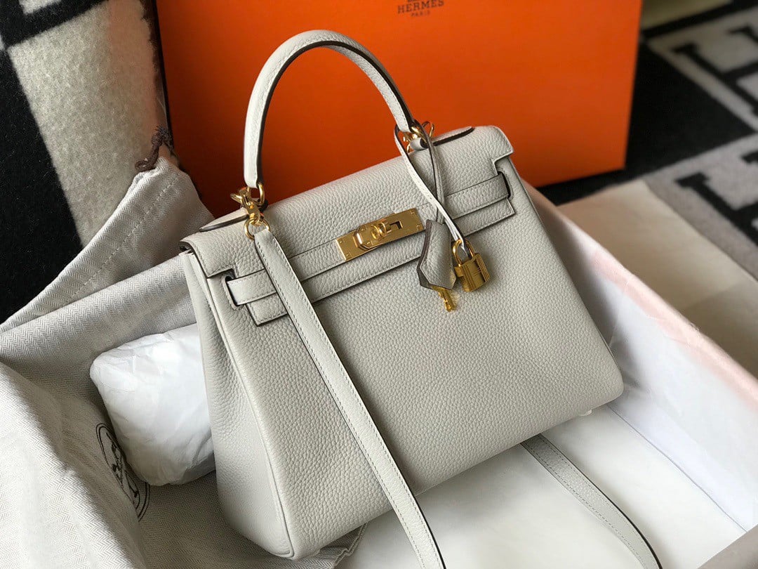 Hermes Kelly 32cm Retourne Bag in Pearl Grey Clemence Leather GHW