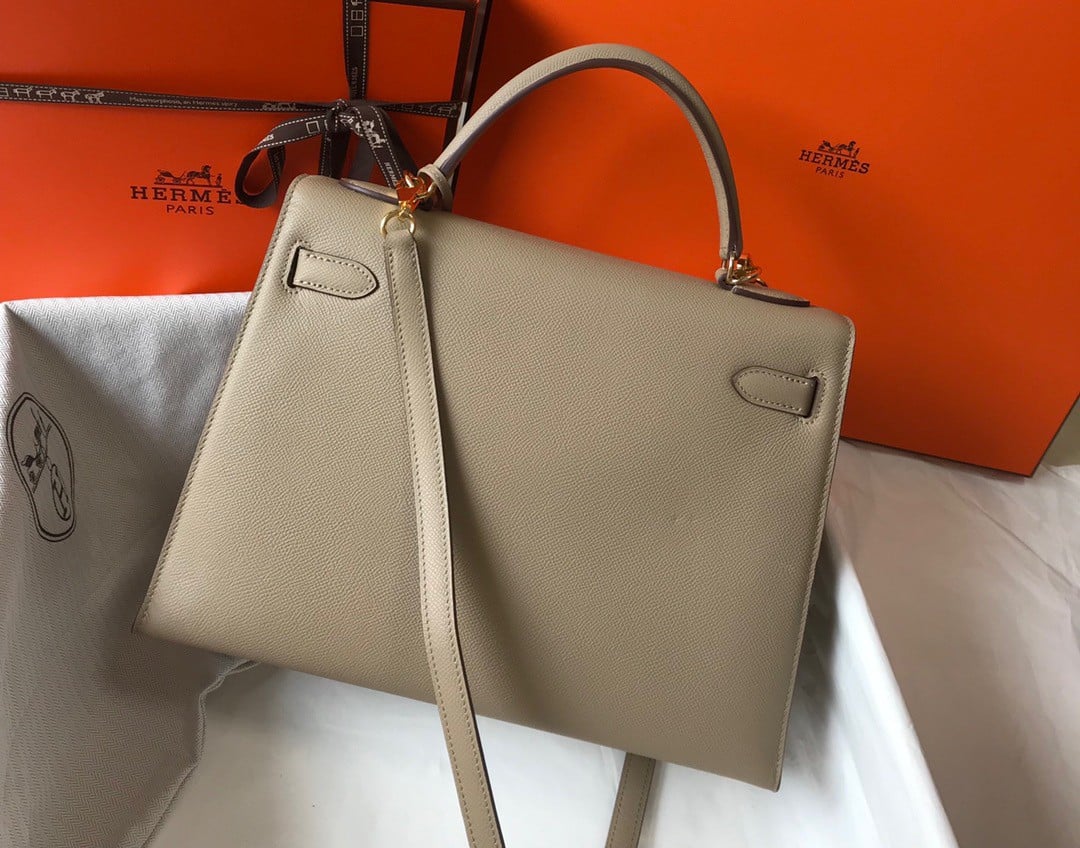 Hermes Kelly 32cm Sellier Bag in Tourterelle Epsom Calfskin GHW