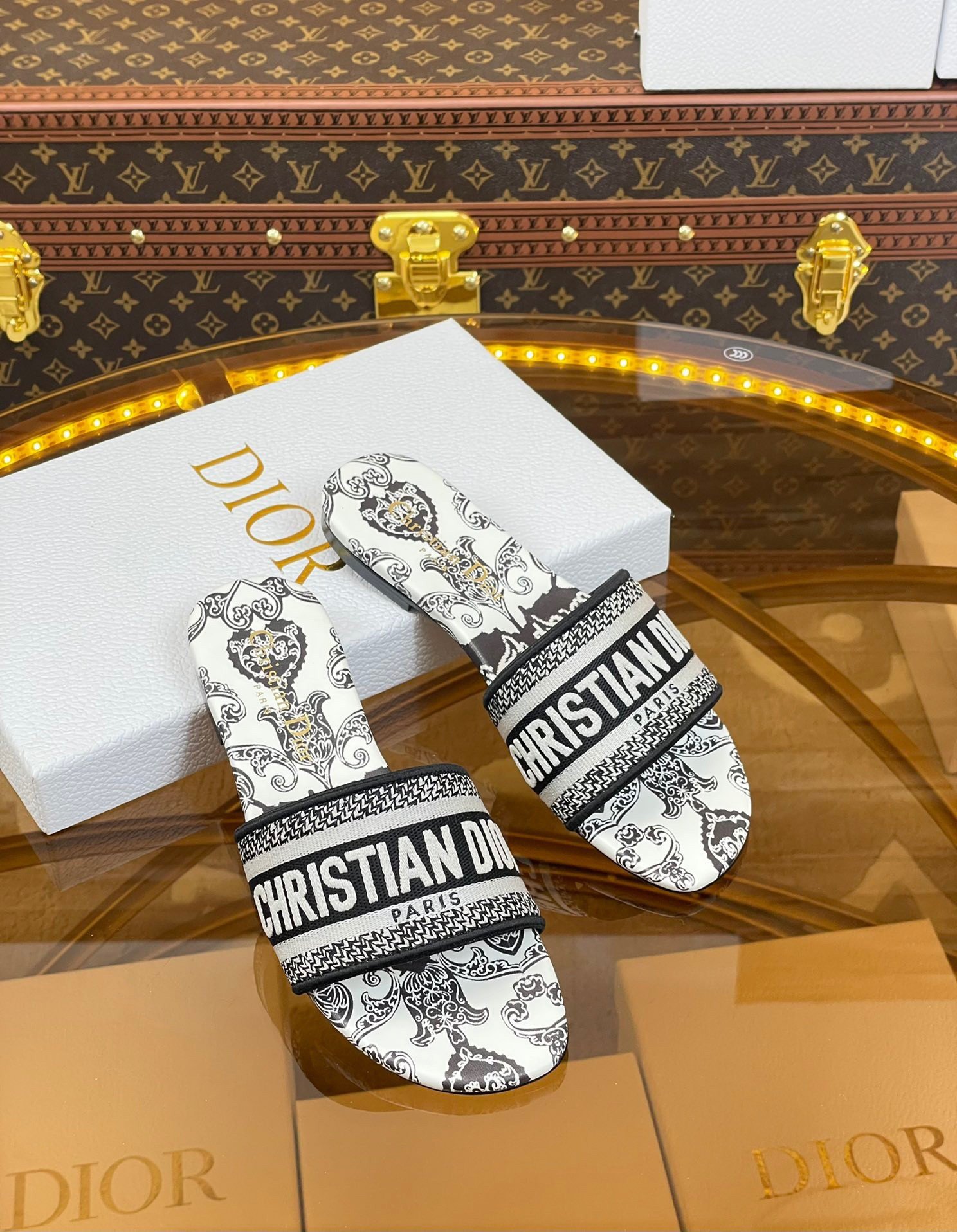 Dior Dway Slides In Dior Bandana Embroidery Cotton