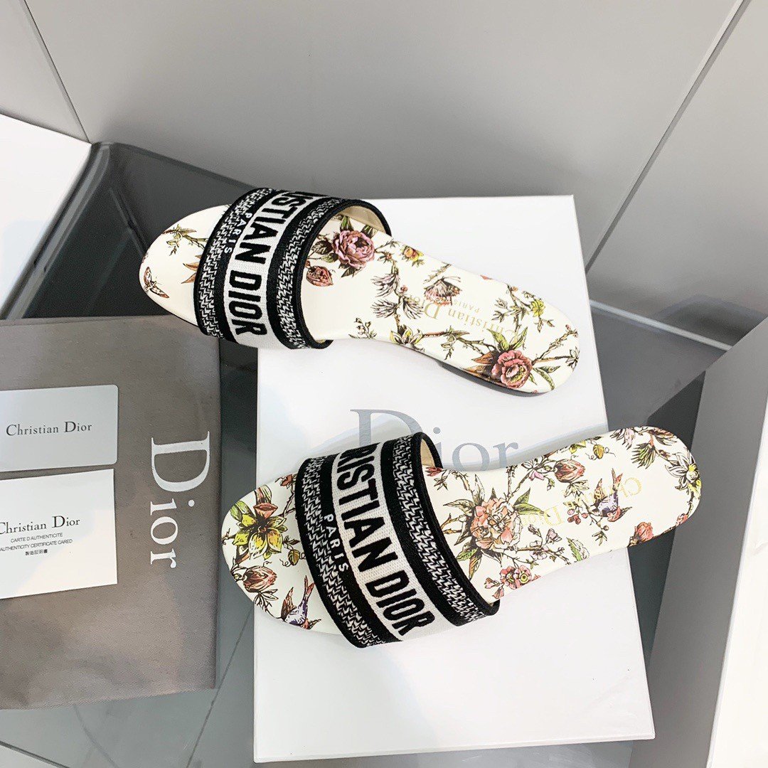 Dior Dway Slides In White Jardin Botanique Embroidered Cotton