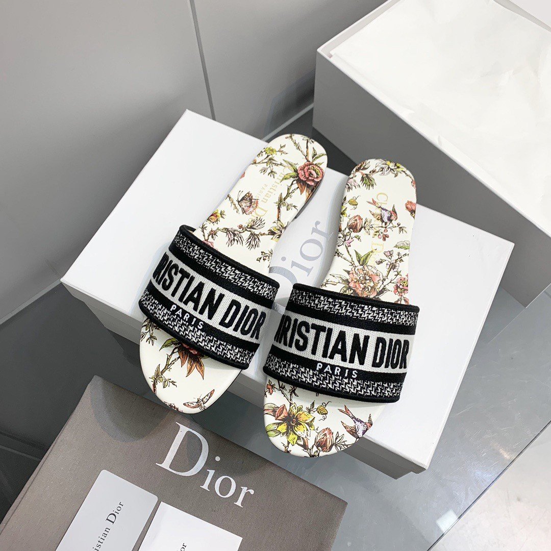 Dior Dway Slides In White Jardin Botanique Embroidered Cotton