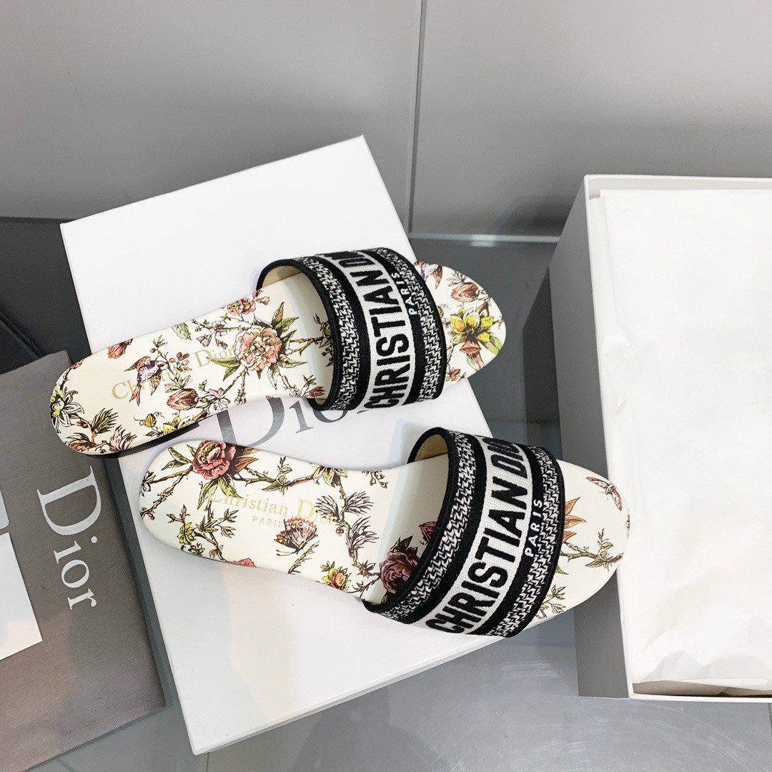 Dior Dway Slides In White Jardin Botanique Embroidered Cotton