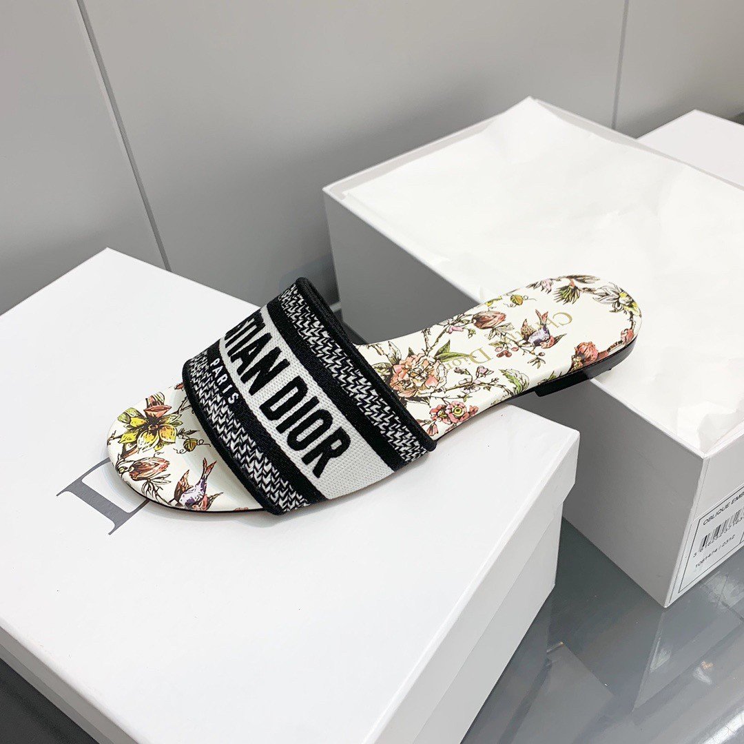 Dior Dway Slides In White Jardin Botanique Embroidered Cotton