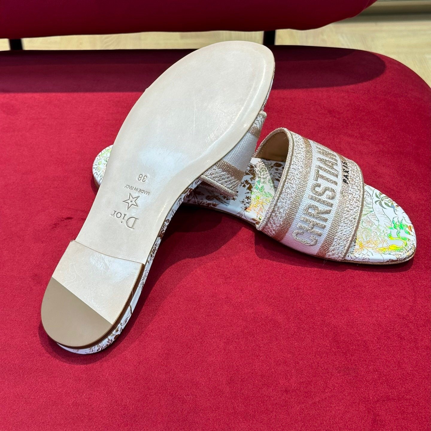 Dior Dway Slides In Gold Jardin Botanique Embroidered Cotton