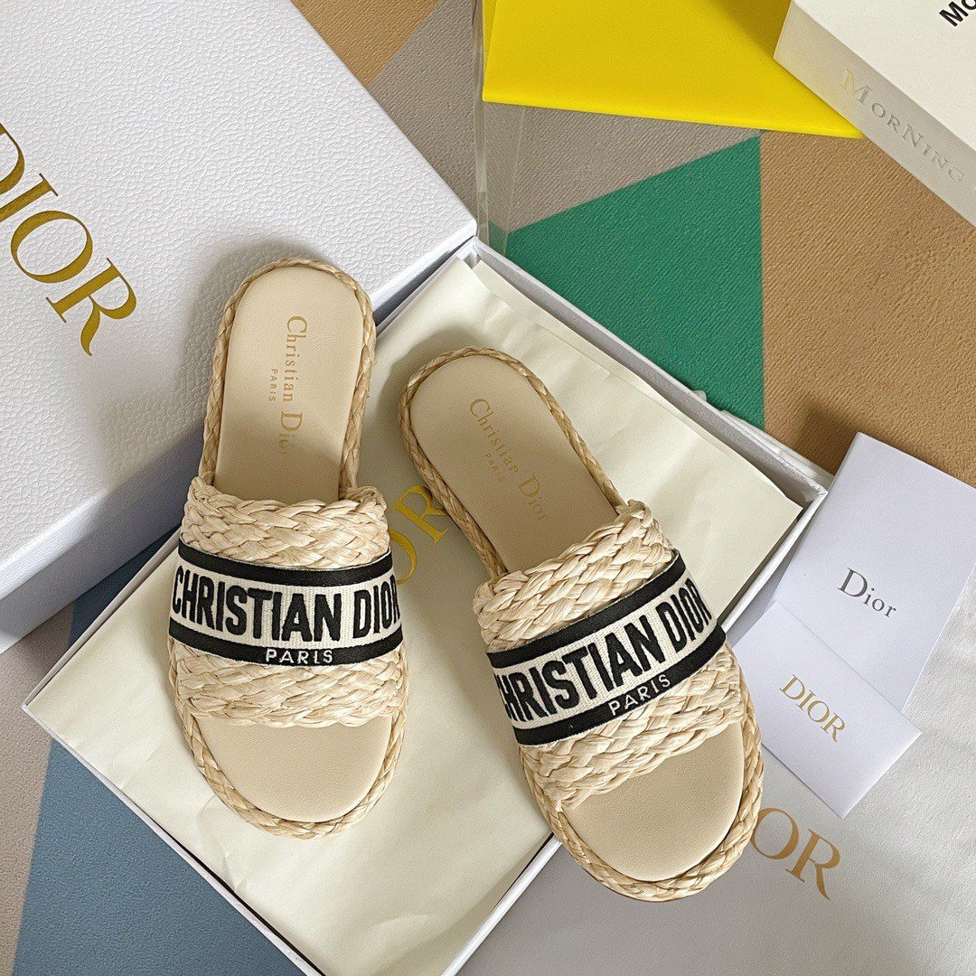 Dior Dway Slides In Beige Embroidered Raffia and Cotton