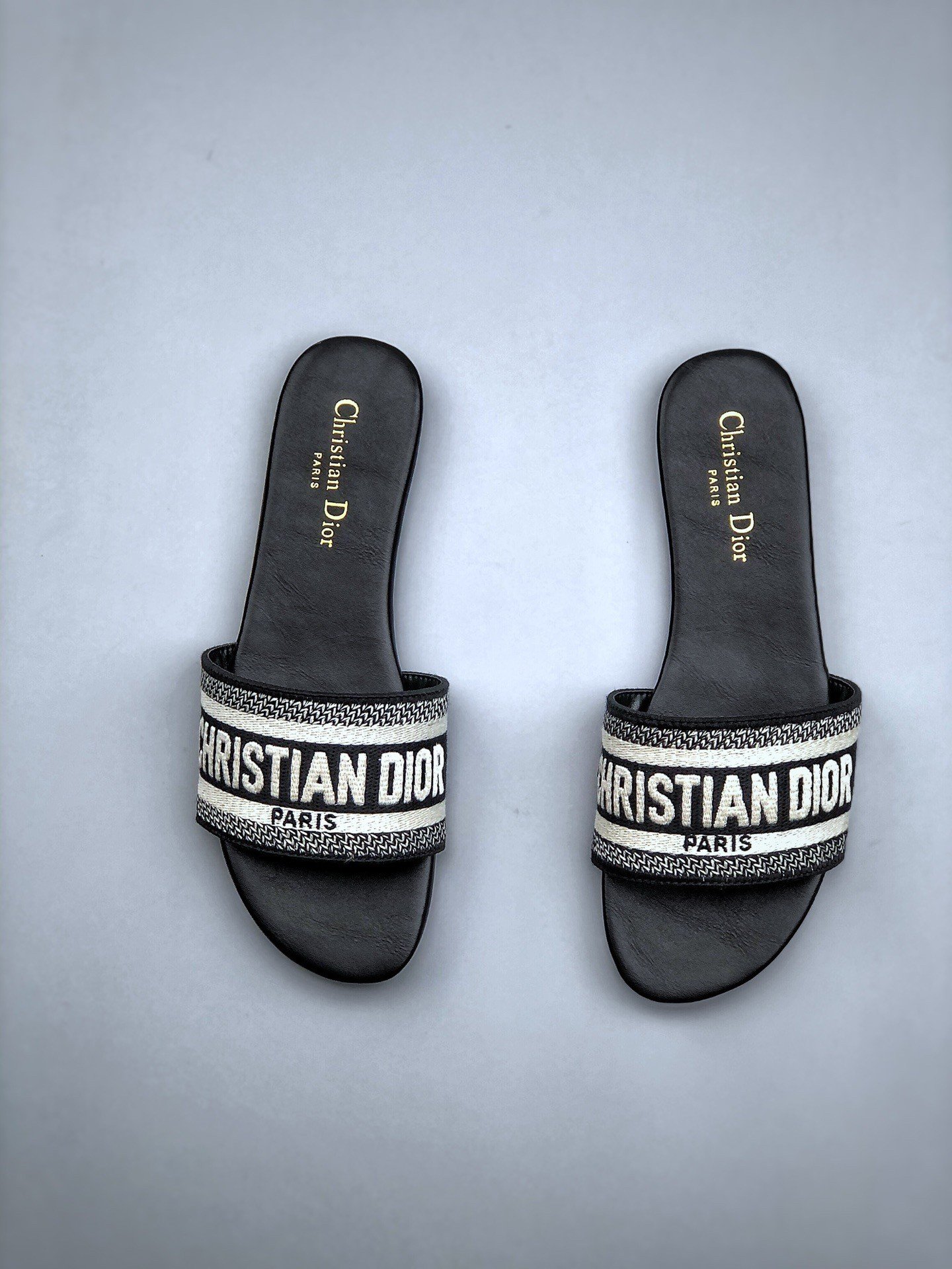 Dior Dway Slides In Black Embroidered Cotton