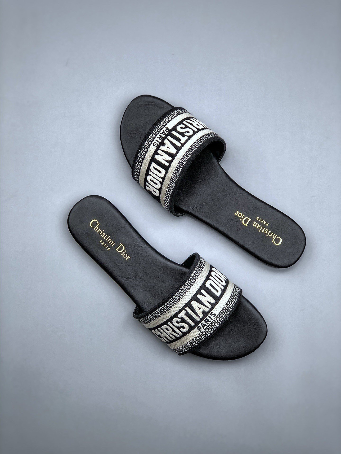 Dior Dway Slides In Black Embroidered Cotton