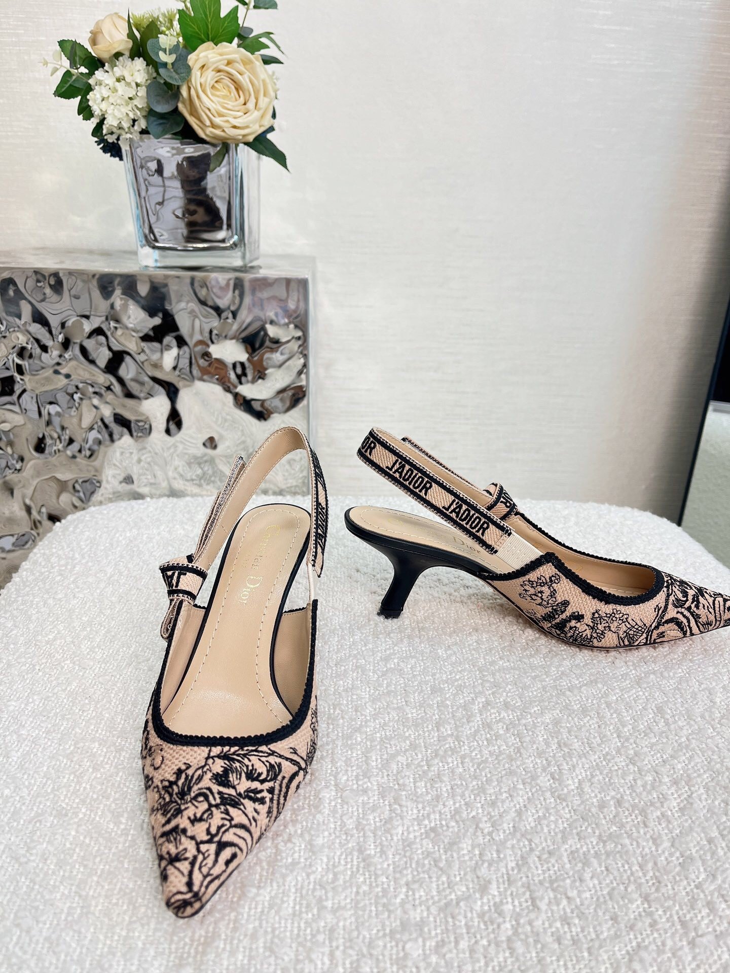 Dior J'Adior Slingback Pumps 65mm In Nude Jardin Botanique Embroidery Cotton