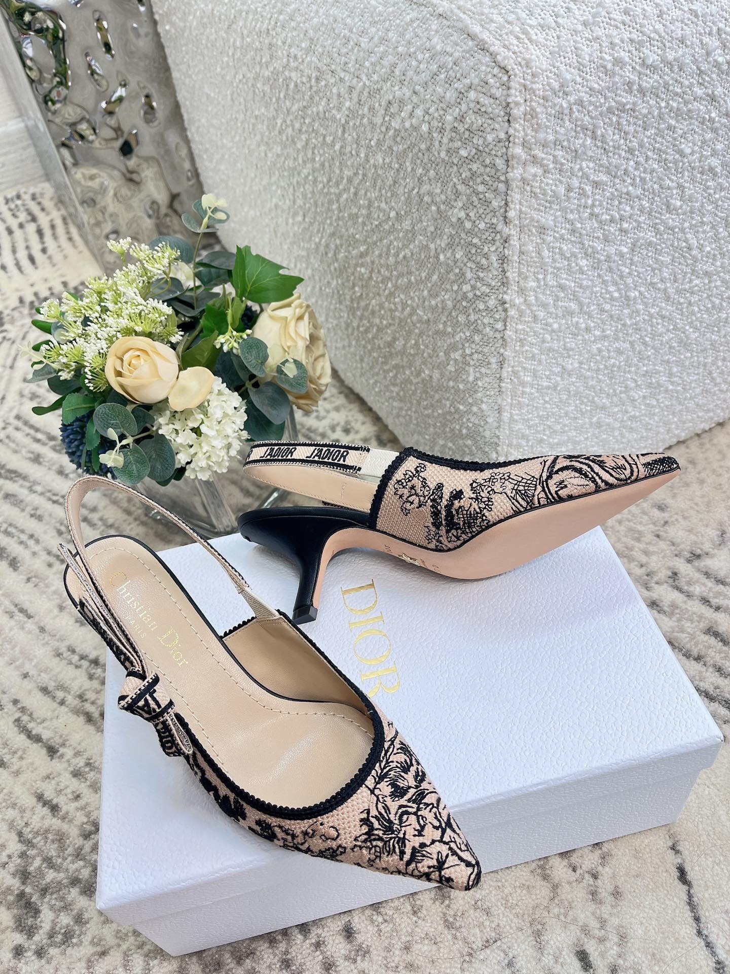 Dior J'Adior Slingback Pumps 65mm In Nude Jardin Botanique Embroidery Cotton