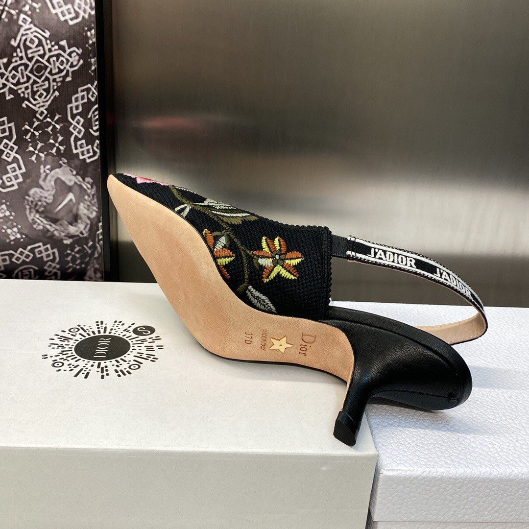 Dior J'Adior Slingback Pumps 65mm In Black Petites Fleurs Embroidered Cotton