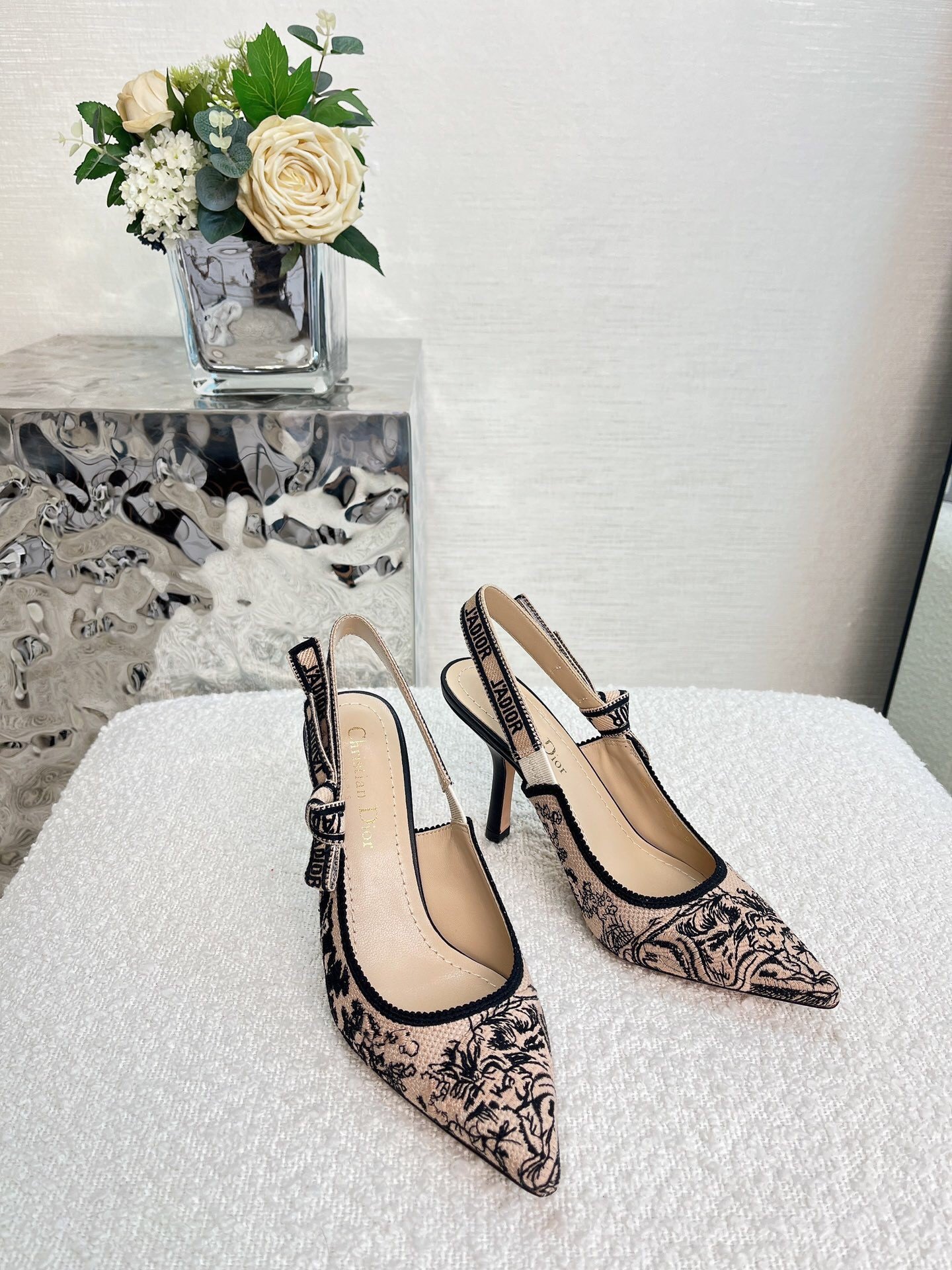 Dior J'Adior Slingback Pumps 100mm In Nude Jardin Botanique Embroidery Cotton