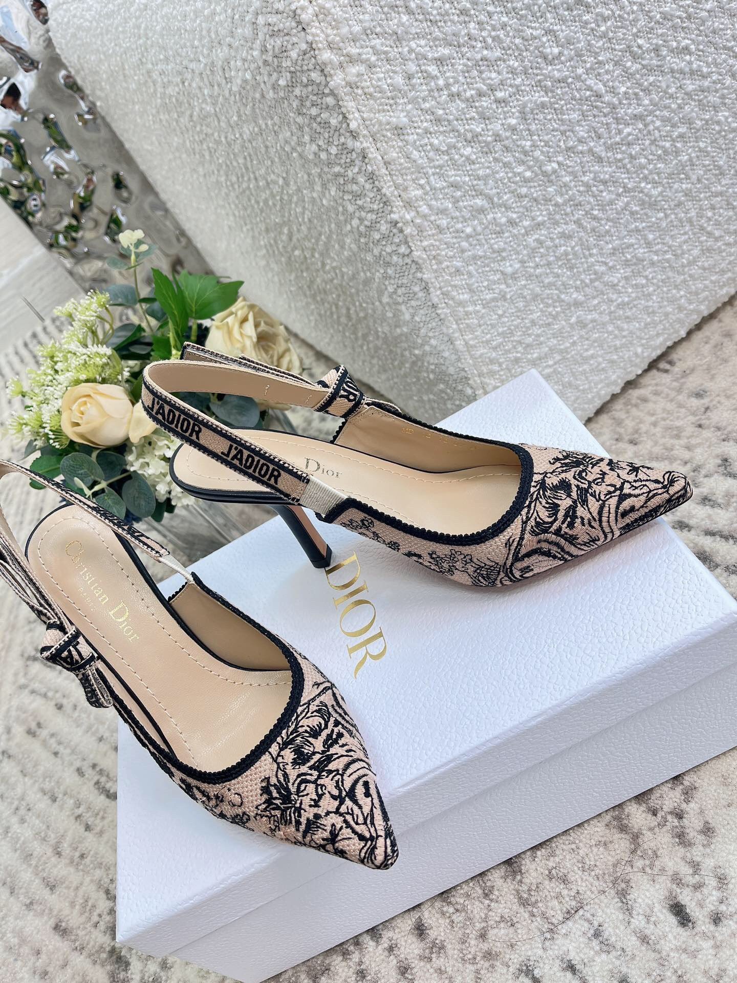 Dior J'Adior Slingback Pumps 100mm In Nude Jardin Botanique Embroidery Cotton