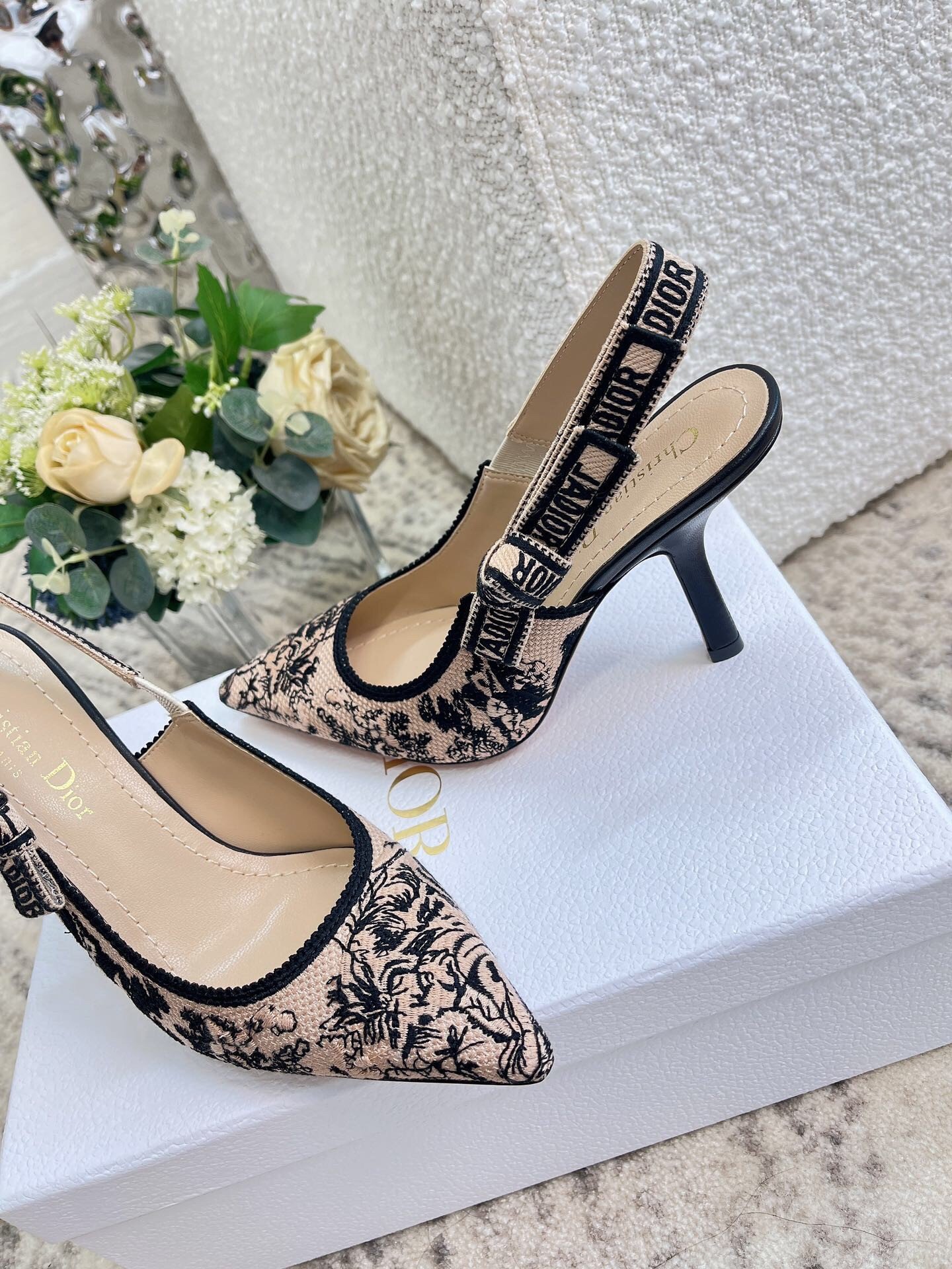 Dior J'Adior Slingback Pumps 100mm In Nude Jardin Botanique Embroidery Cotton