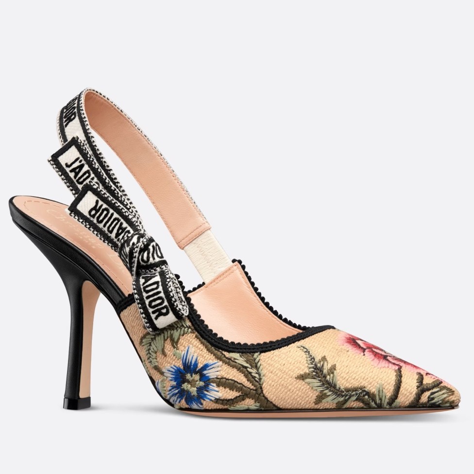 Dior J'Adior Slingback Pumps 100mm In Beige Petites Fleurs Embroidered Raffia